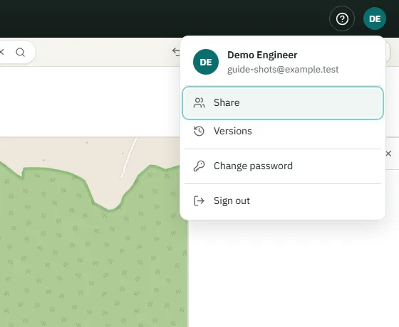 The account menu: name and email, Share, Versions, Change password and Sign out.
