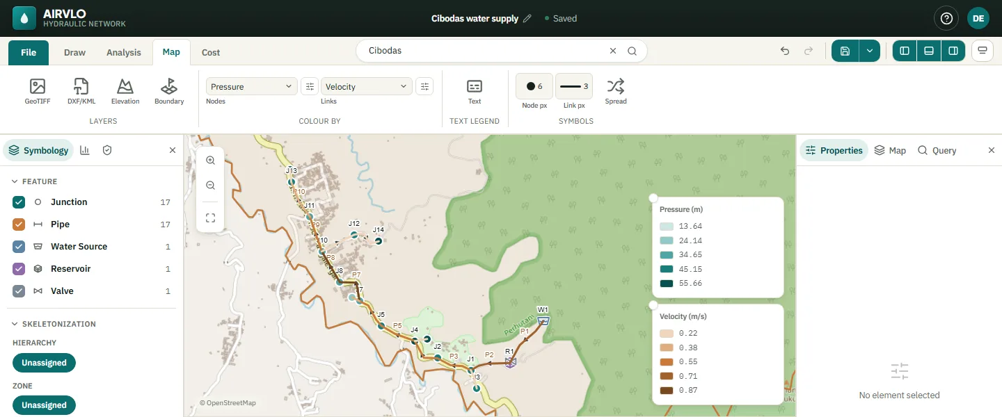 Colour By set to Pressure for nodes and Velocity for links on the Map tab, with a legend box for each on the map.