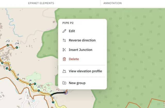 The right-click menu of pipe P2: Edit, Reverse direction, Insert Junction, Delete, View elevation profile and New group.