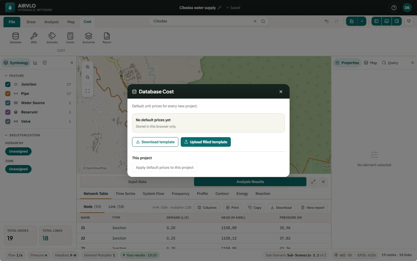 The Database Cost dialog with Download template, Upload filled template and Apply default prices to this project.