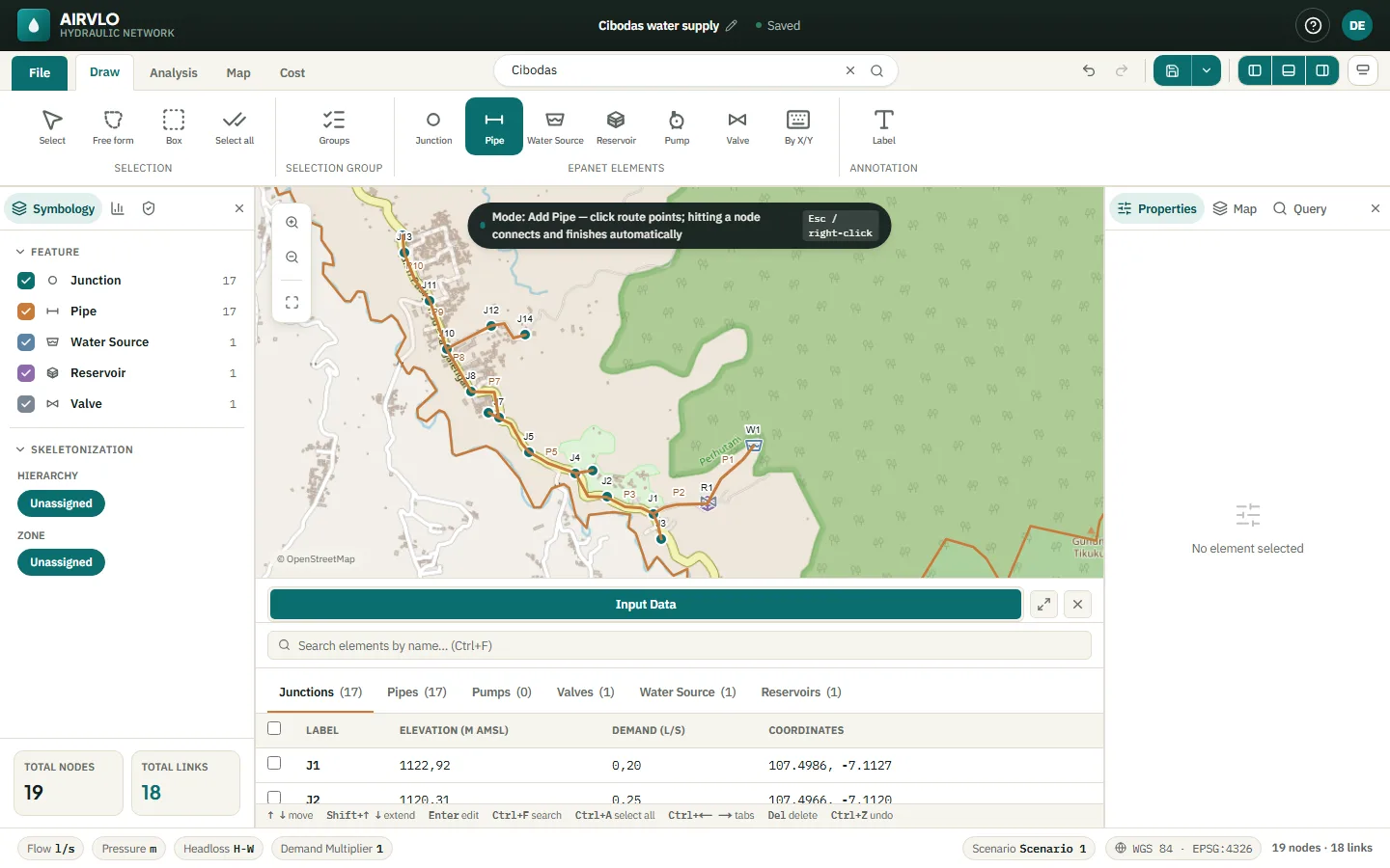A gravity network drawn along the roads on a street map, from the water source W1 through reservoir R1 to the junctions, with Pipe mode active and the hint: click route points, hitting a node connects and finishes automatically.