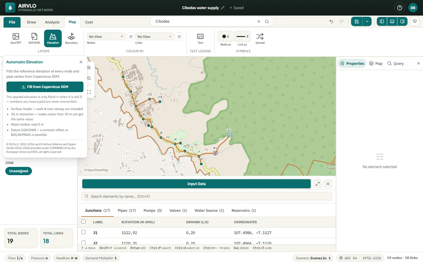 The Automatic Elevation panel with the Fill from Copernicus DEM button and the limits of the terrain model.
