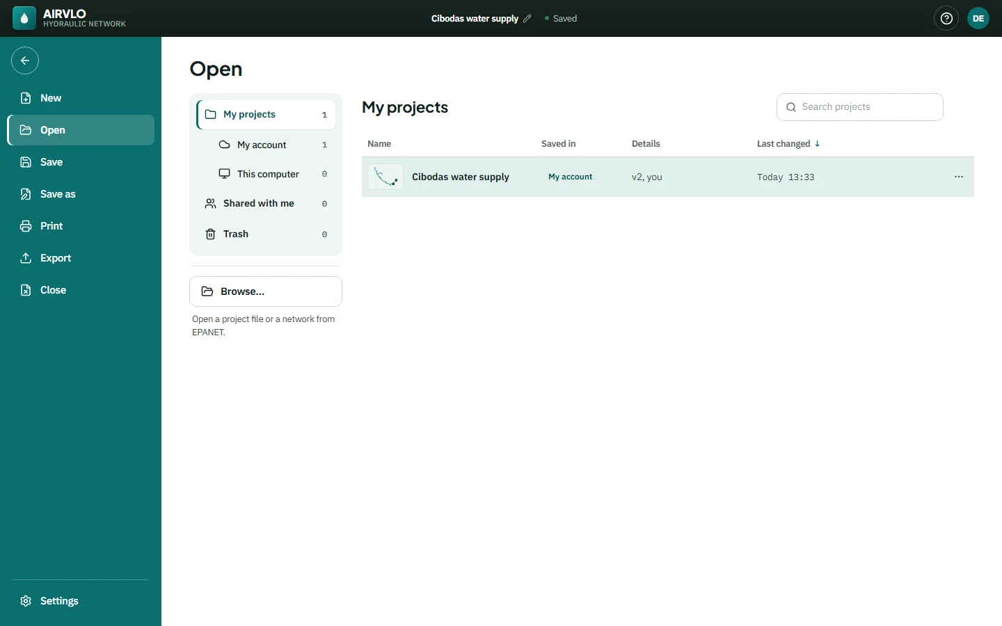 File, Open: the project locations on the left, the My projects table, and a Browse button for opening a file.