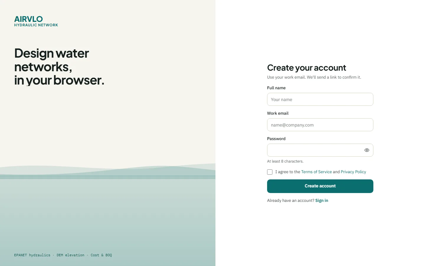 The Create your account page with full name, work email and password fields, the terms checkbox and the Create account button.