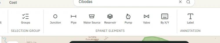 The Draw tab element group: Junction, Pipe, Water Source, Reservoir, Pump, Valve and By X/Y, with Label under Annotation.