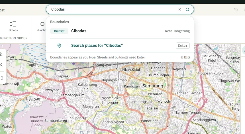 The search box with Cibodas typed in, showing a matching district boundary and the option to search places.
