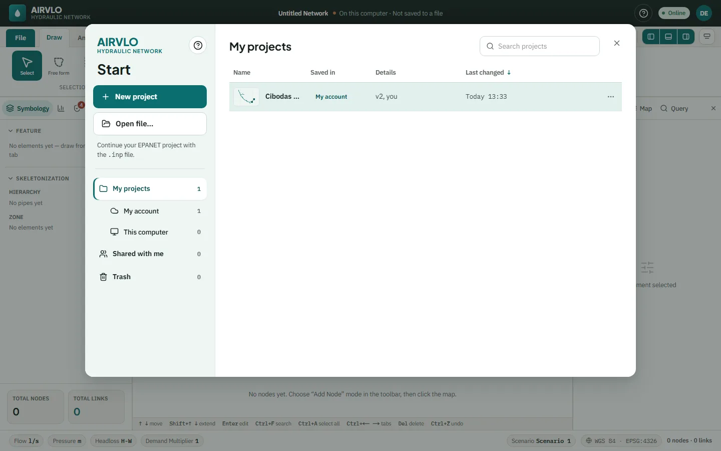 The Start screen: New project and Open file buttons on the left, the project locations below them, and the My projects table on the right.