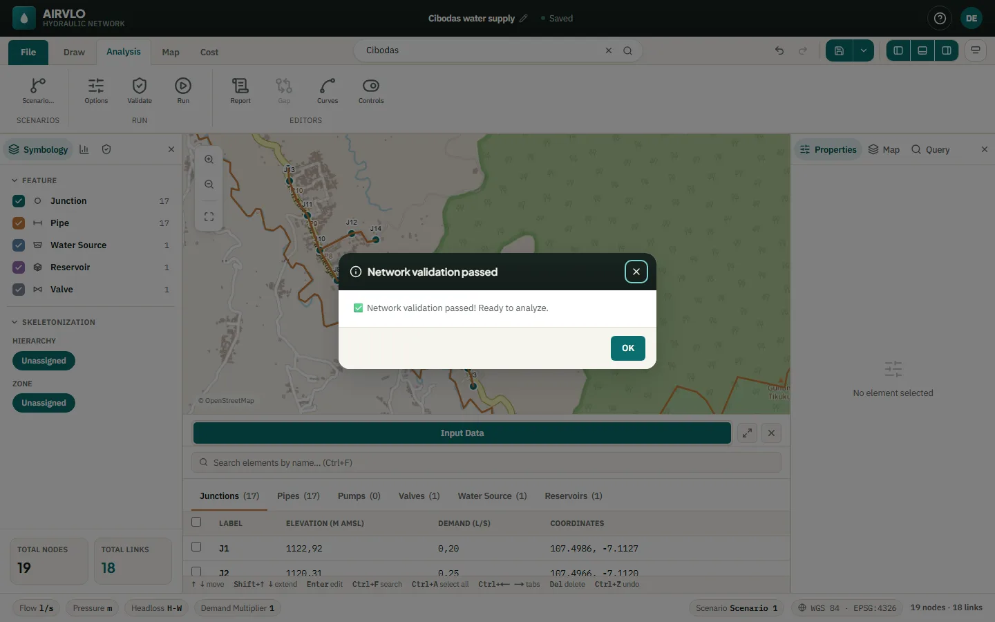The Network validation passed message: ready to analyze.